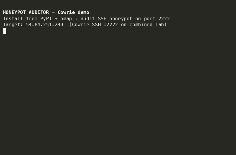 Animated terminal demo: honeypot-auditor deep scan against Cowrie SSH on port 2222 scoring Suspected Honeypot